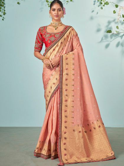 Peach Zari Woven Silk Saree With Embroidered Blouse