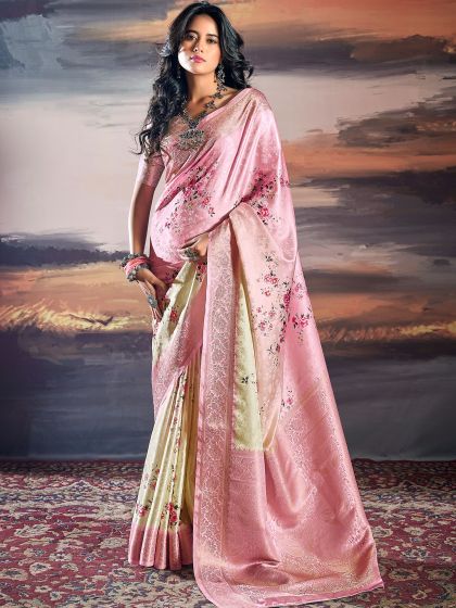 Pink Floral Printed Saree With Blouse In Satin