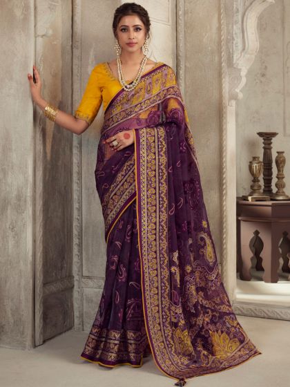 Purple Weaving Pattern Saree In Brasso With Blouse