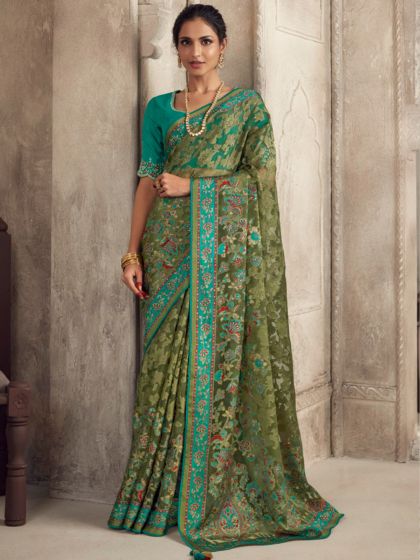 Green Casual Wear Brasso Saree With Blouse