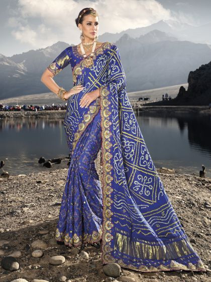 Blue Bandhej Printed Satin Saree With Blouse