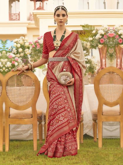 Beige Patola Printed Festive Saree In Silk