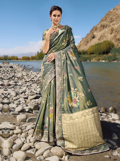 Green Wedding Banarasi Silk Saree In Stone Embroidery