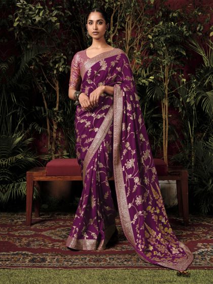 Wine Dola Silk Saree In Zari Woven Pattern