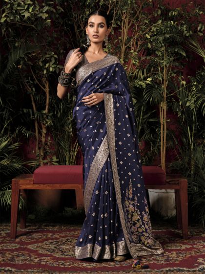 Blue Floral Embellished Party Saree Dola Silk