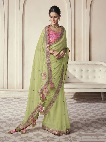 Olive Green Gota Patti Embellished Organza Saree