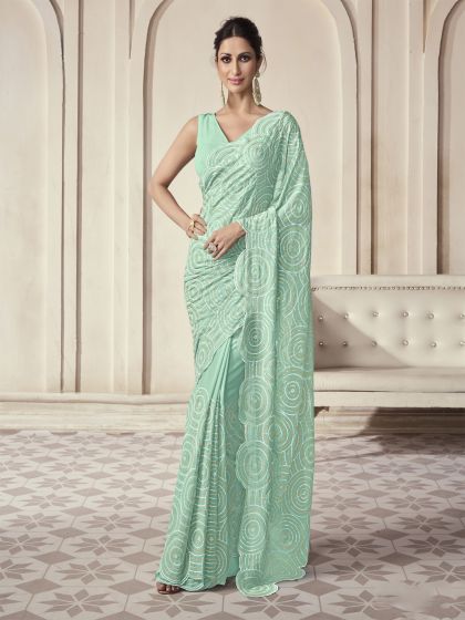 Mint Green Thread Work Party Wear Saree In Georgette