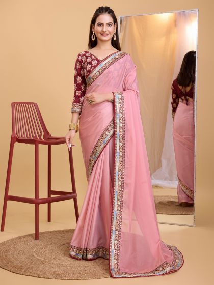 Pink Organza Casual Saree In Zari Embroidery