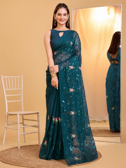 Blue Casual Wear Silk Saree In Sequins Work