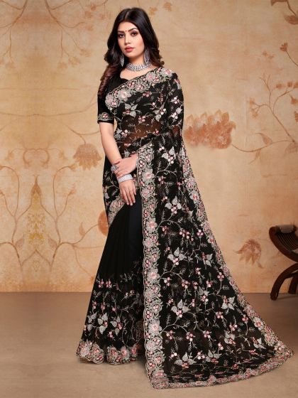 Black Georgette Saree In Floral Thread Work