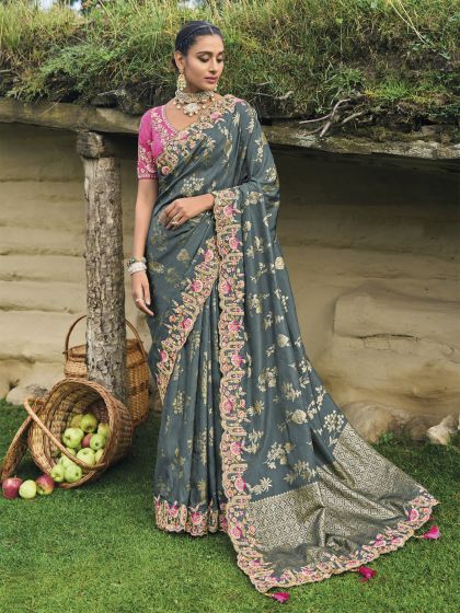 Deep Grey Dola Silk Weaving Saree In Floral Embroidery