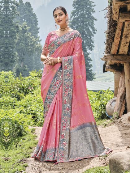 Rose Pink Heavy Stone Bordered Saree In Dola Silk