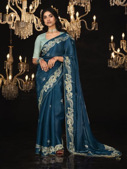 Navy Blue Thread Embroidered Borderd Saree In Shimmer Silk