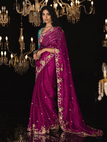 Magenta Floral Sequins Augmented Saree In Glass Tissue Silk