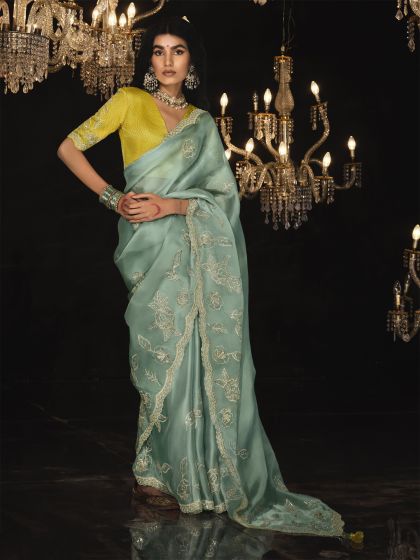 Mint Green Stone Work Embellished Saree In Organza