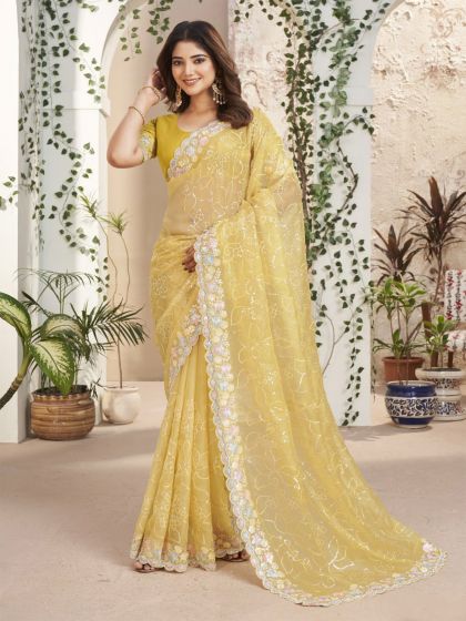 Mustard Yellow Sequins Enhanced Saree In Silk