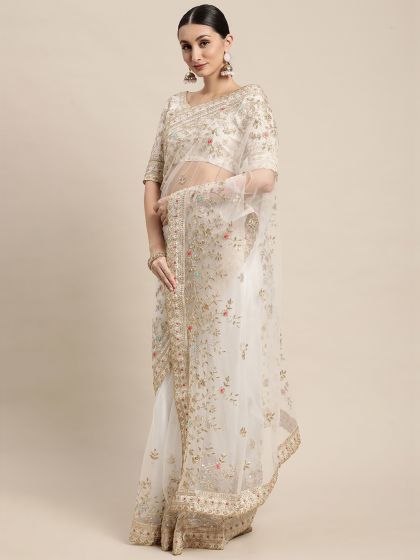 White Party Wear Saree In Soft Net