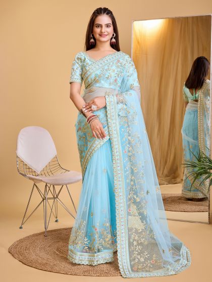 Sky Blue Zari Embellished Saree In Soft Net