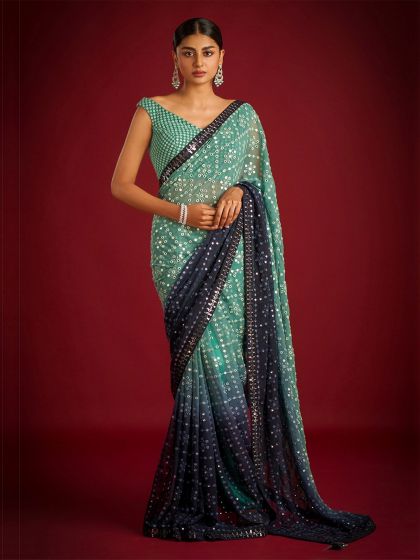 Blue Shaded Mirror Work Enhanced Saree In Georgette