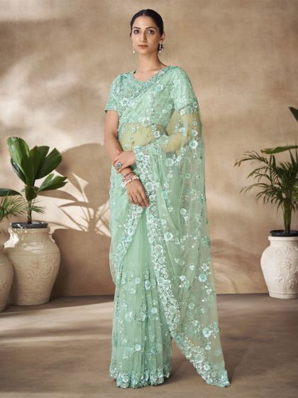 Mint Green Festive Saree With Blouse In Net