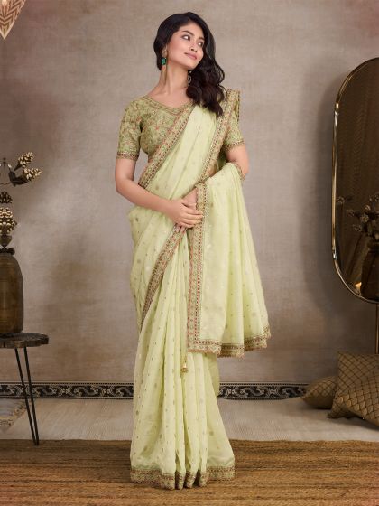 Mint Green Festive Saree In Organza With Embroidered Blouse