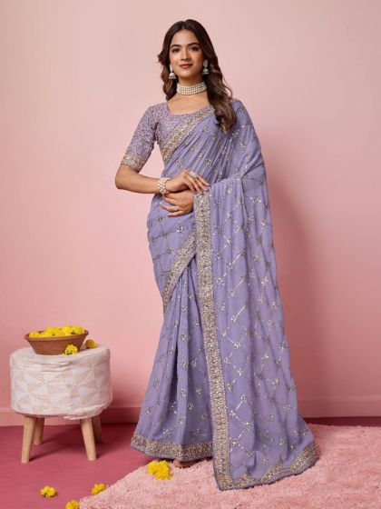 Lilac Purple Sequins Embroidered Saree In Georgette