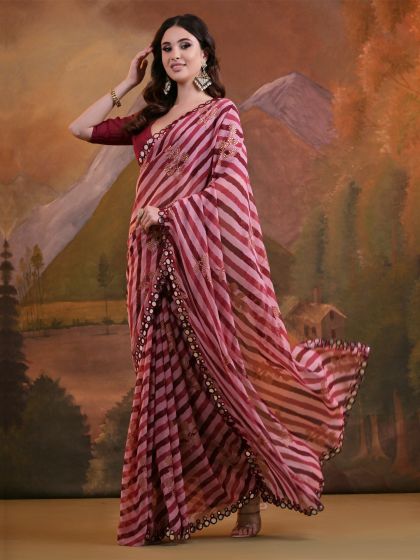 Red Georgette Festive Saree In Lehariya Print