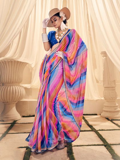 Multicolor Party Wear Georgette Saree In Lehariya Print