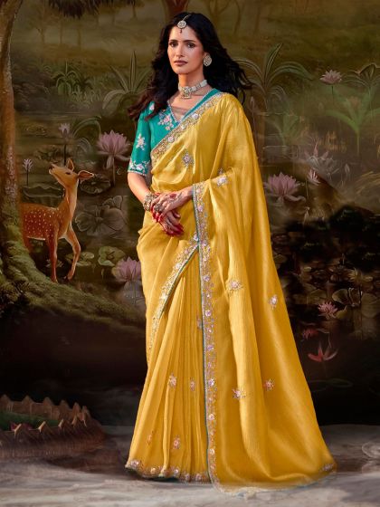 Golden Yellow Stone Work Saree In Chiffon