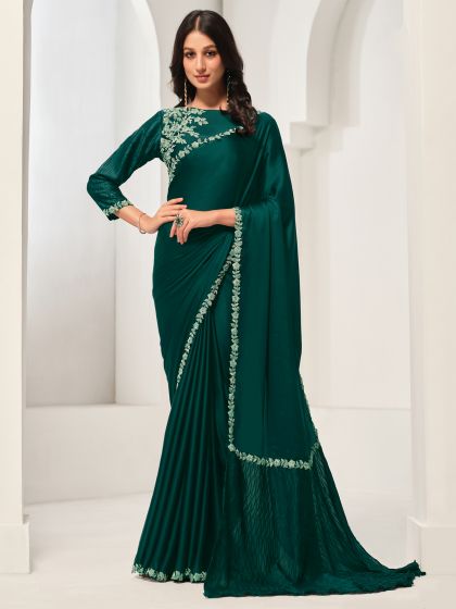 Castelon Green Floral Bordered Silk Saree