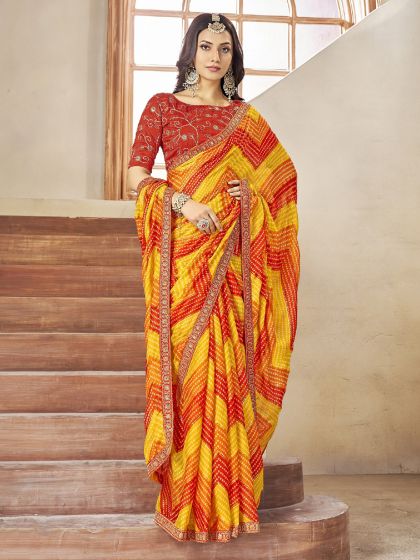 Yellow And Red Bandhej Printed Saree In Georgette 