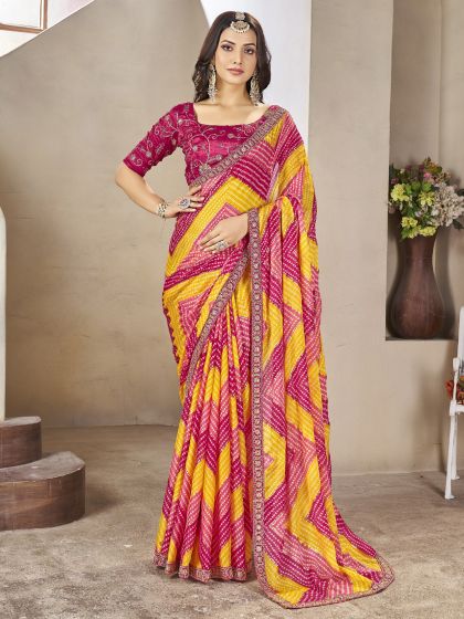 Pink And Yellow Bandhani Printed Saree In Georgette