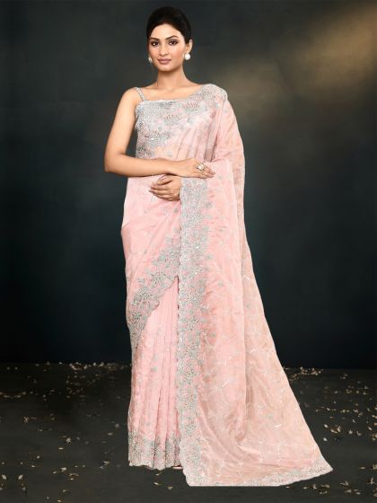 Light Pink Organza Saree In Thread Work Embroidery