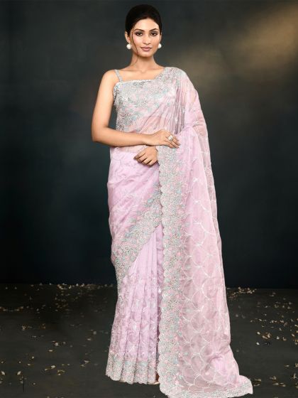 Light Pink Thread Embroidery Saree In Organza