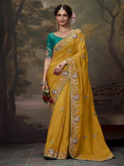 Dark Yellow Tissue Silk Saree In Zari Embroidery