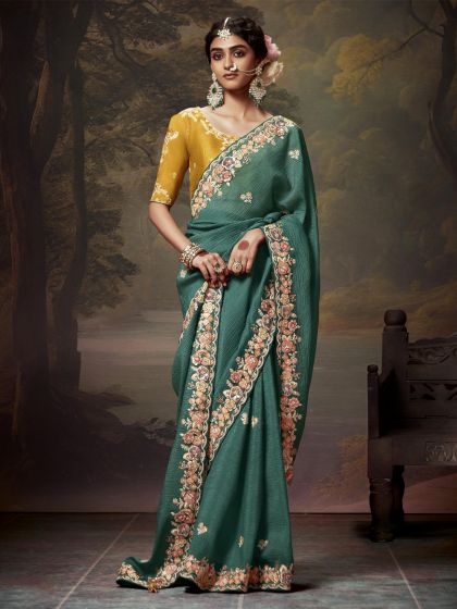 Dark Green Organza Tissue Silk Saree In Sequins Embroidery