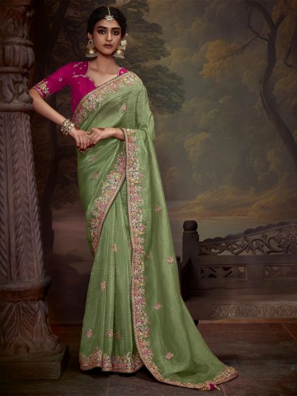 Pista Green Stone Embroidered Saree In Tissue Organza Silk