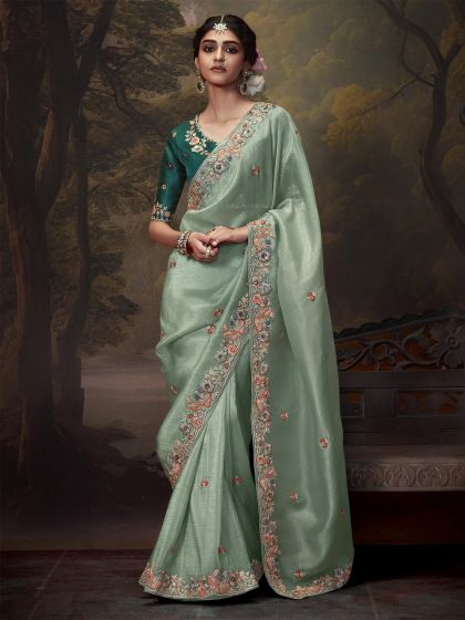 Sage Green Wedding Wear Zari Work Silk Saree