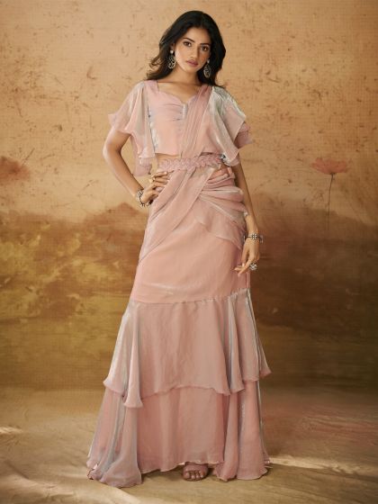 Baby Pink Ruffle Styled Saree In Organza