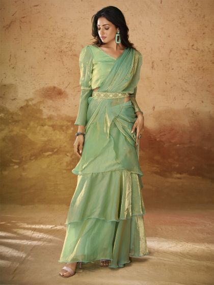 Pista Green Organza Saree In Ruffle Style