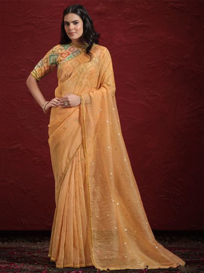 Orange Yellow Organza Saree In Sequins Work