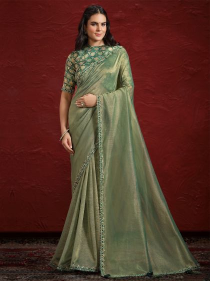 Olive Green Sequins Enhanced Two Tone Silk Saree