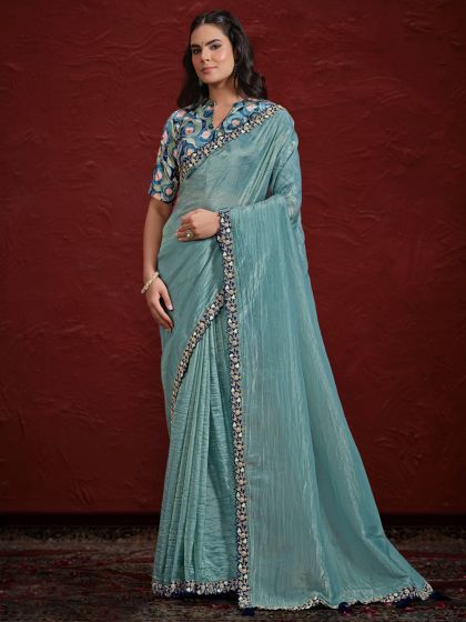 Light Blue Floral Lace Enhanced Saree In Silk