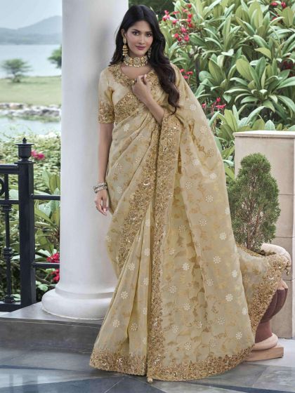 Ivory Cream Stone Embroidered Silk Saree