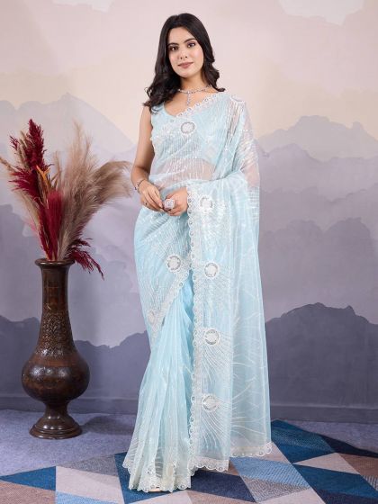 Light Blue Net Saree In Sequins Work