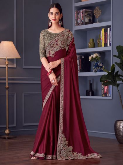 Maroon Heavy Floral Zari Embroidered Silk Saree