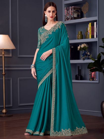 Rama Green Sequins Embellished Saree In Chiffon