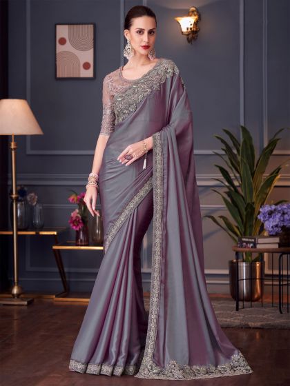 Mauve Chiffon Saree In Stone Embroidered Borders