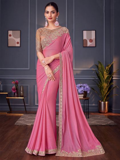 Pink Silk Saree In Heavy Zari Embroidered Borders