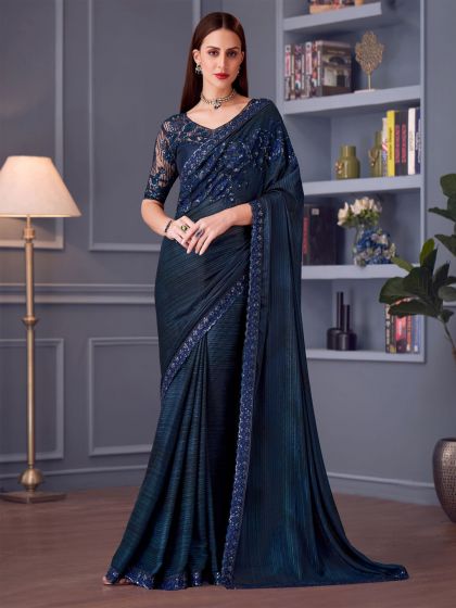 Navy Blue Sequins Enhanced Party Wear Saree